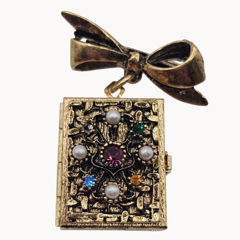 Vintage Book‎ Locket Brooch Gold Tone Bow Multi Stone Accordion Photo Fob